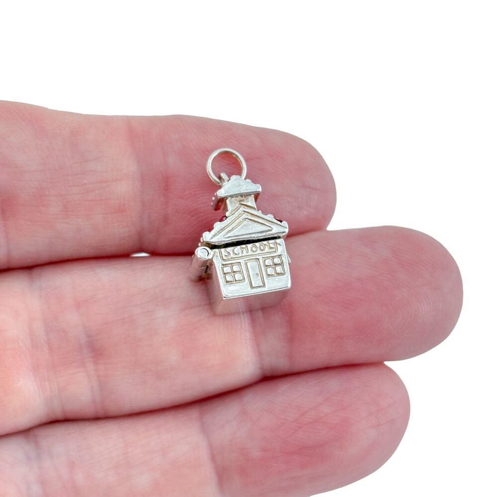 Vintage Jezlaine Sterling Silver 925 Red Crystal Schoolhouse Charm